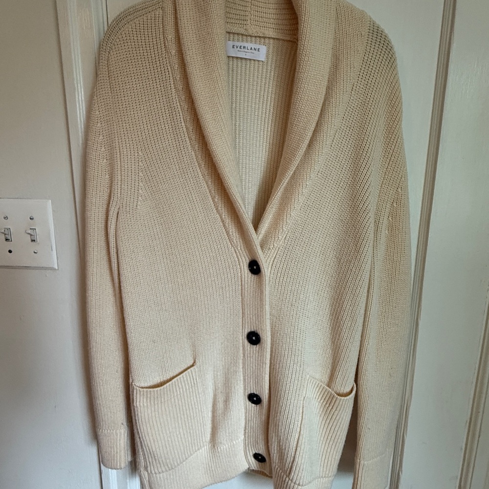 Everlane Cream Ribbed Wool Shawl Collar Sweater size small